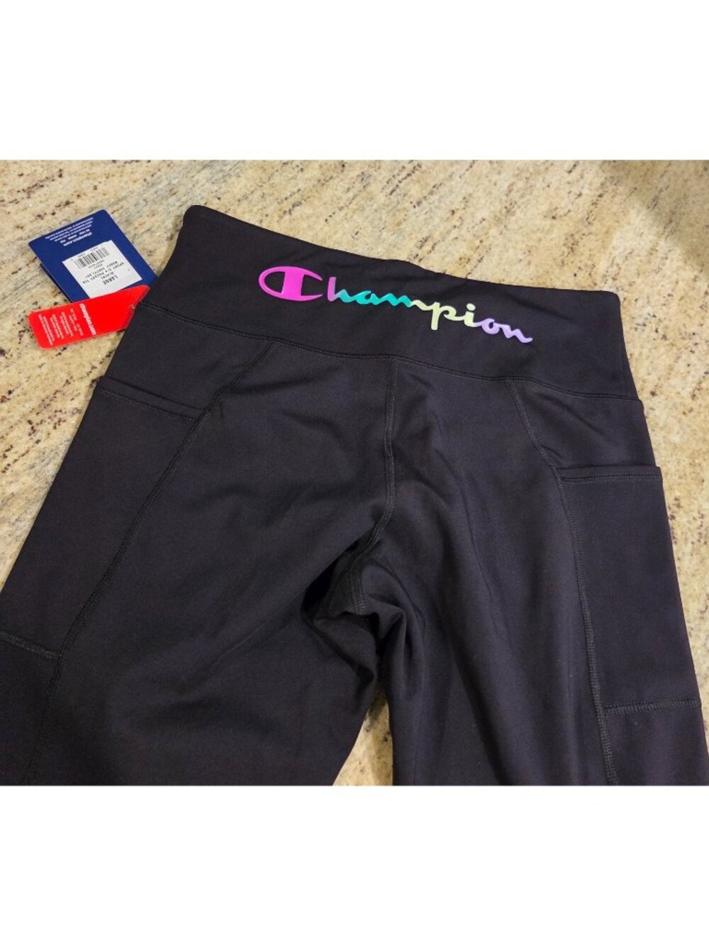 New! Champion Double Dry Women's L Black Rainbow Logo Running Legging Pockets